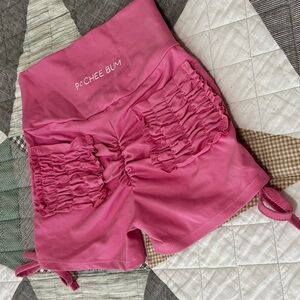 High Waist Pink Ruched Shorts with Drawstring